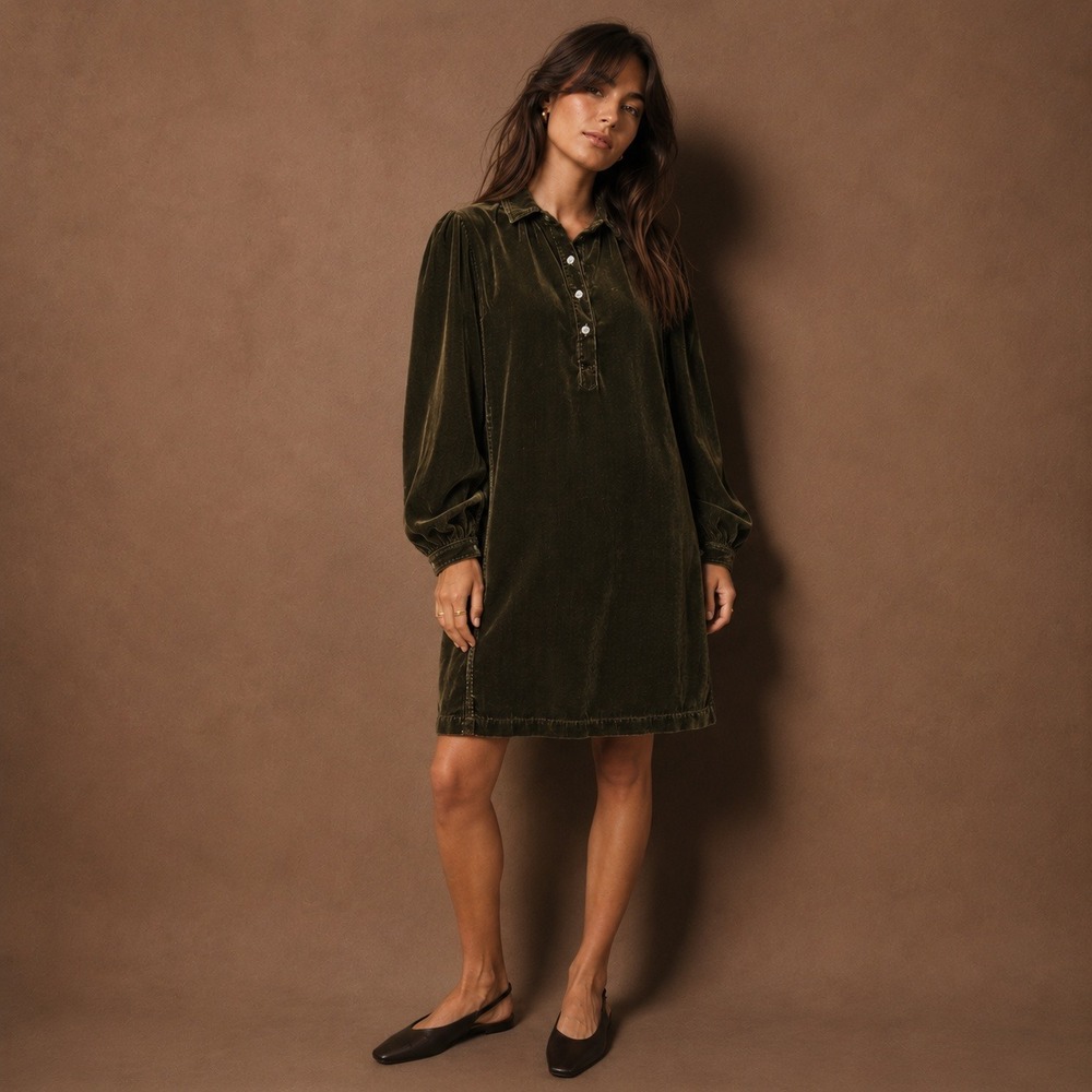 CP Shades Velvet Shirt Dress Olive Green XS